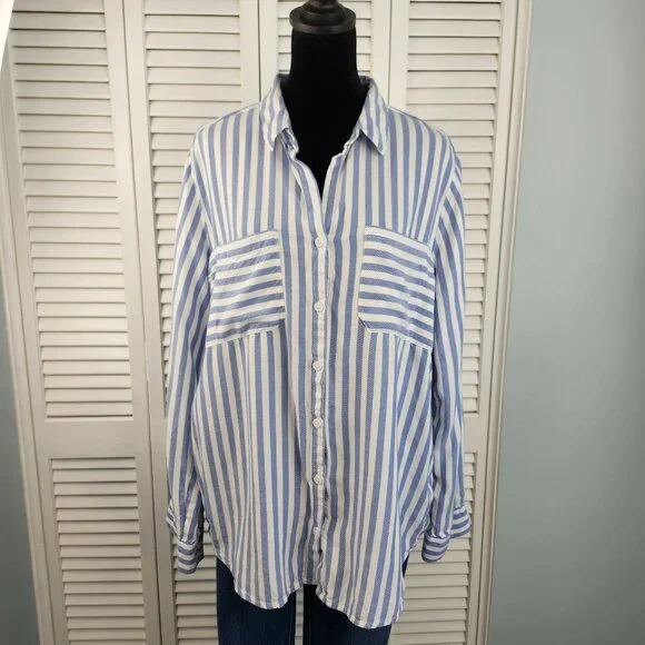 H&M Blue White Stripe Button Front Top L Long Sleeve 100% Cotton Coastal Capsule - Picture 2 of 10